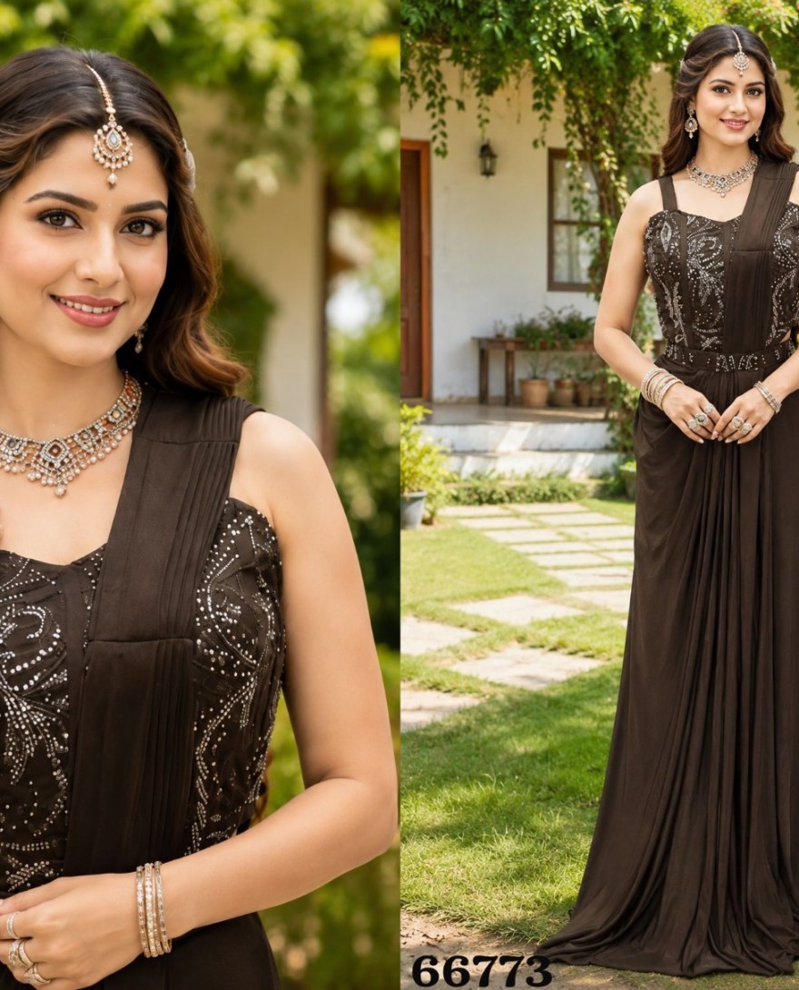 DARKBROWN - Blissful Brown Lycra Lehenga Style Saree